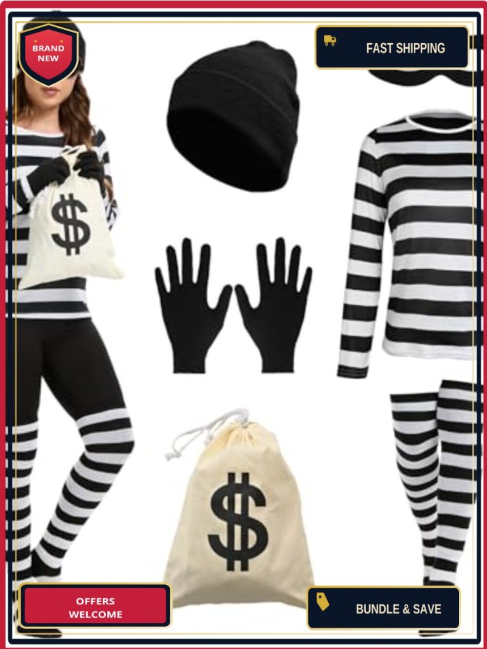 Women's Robber Costume Set Striped Long Sleeve Shirt Cosplay Halloween